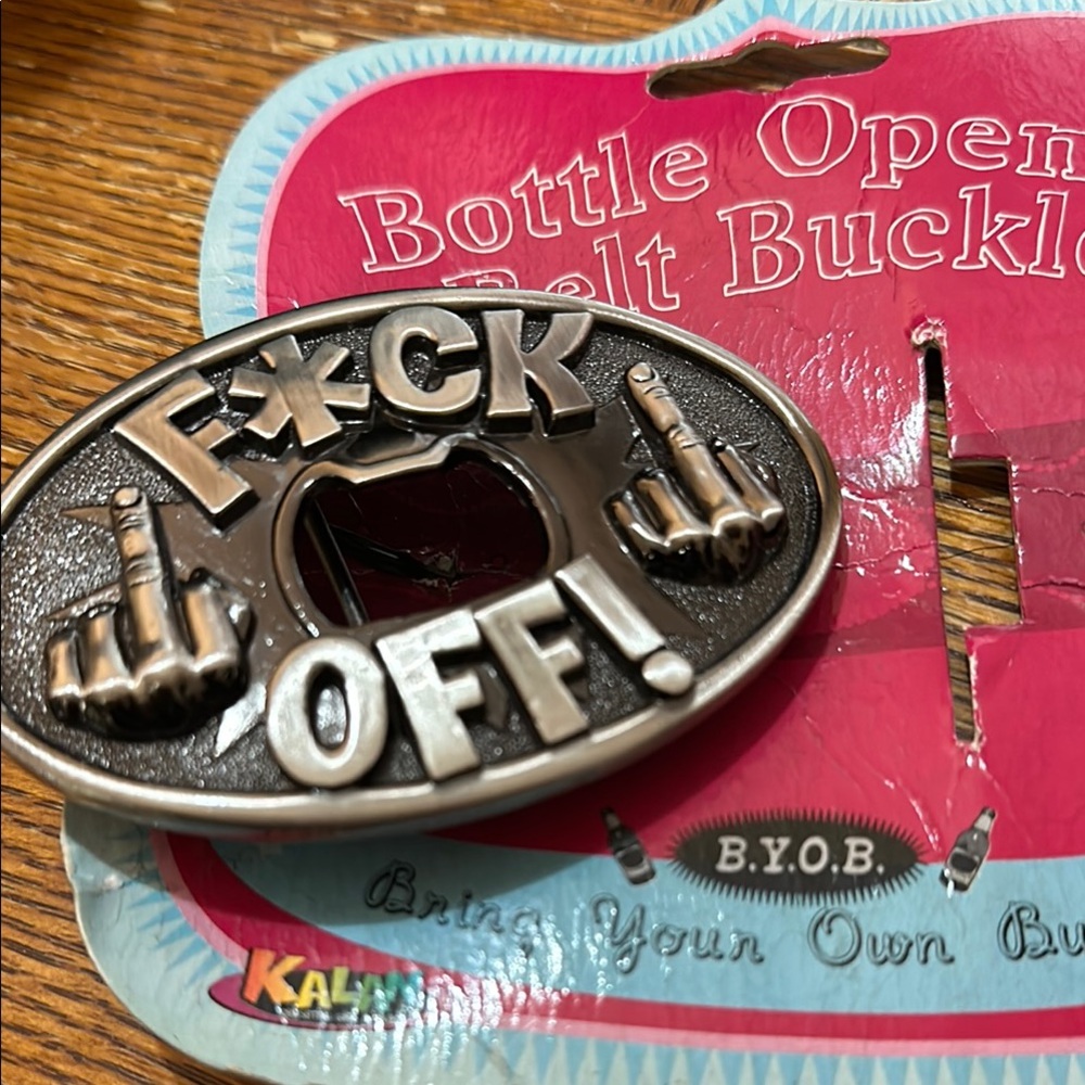 F*CK OFF! Metal Belt Buckle Bottle Opener - Silver & Black